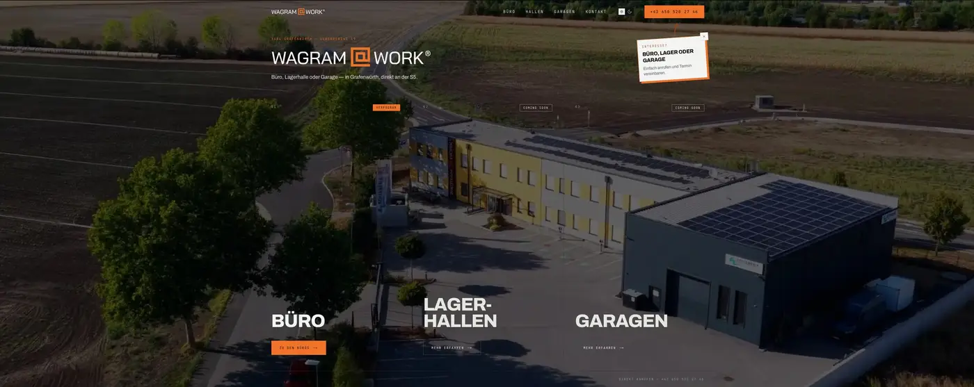 New Wagram@Work home page with an aerial view of the building and the sections offices, warehouses and garages