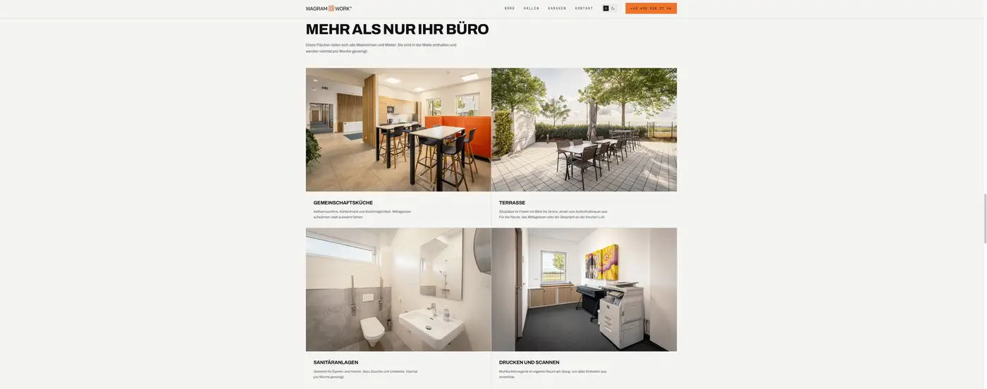 New section More than just your office with photos of the shared kitchen, terrace, washrooms and printer room
