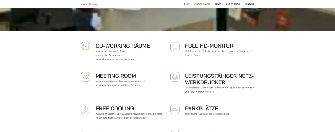 Old Wagram@Work workplaces page with icons and short texts about the facilities