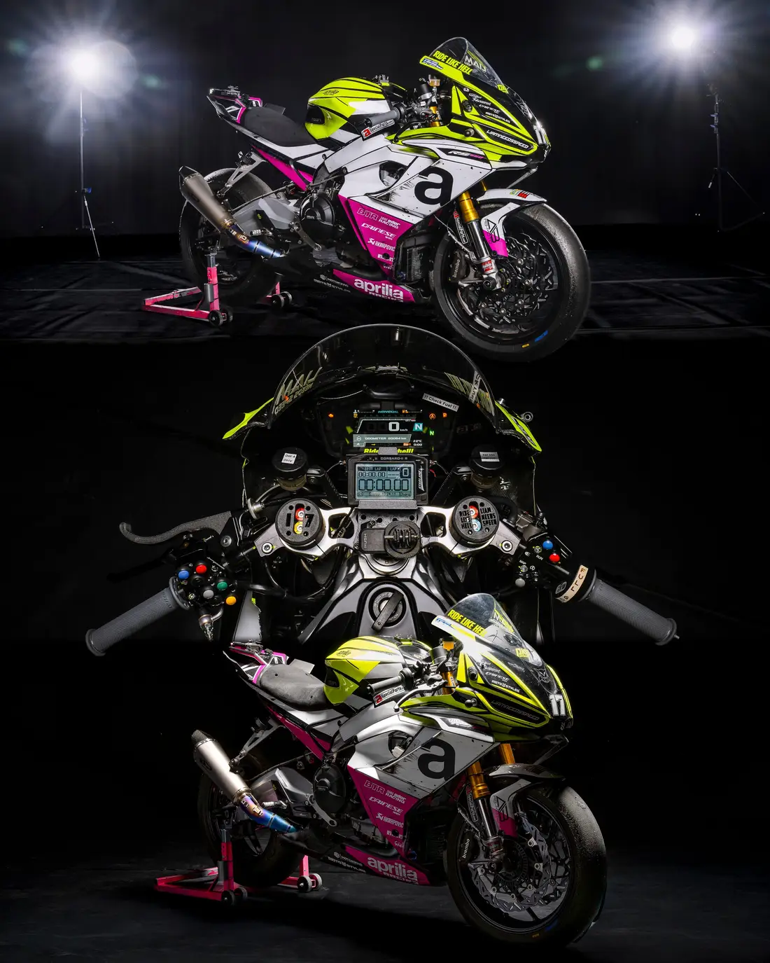 Collage aus drei Studioaufnahmen eines Aprilia-Rennmotorrads: Seitenansicht, Cockpit und Schrägansicht
